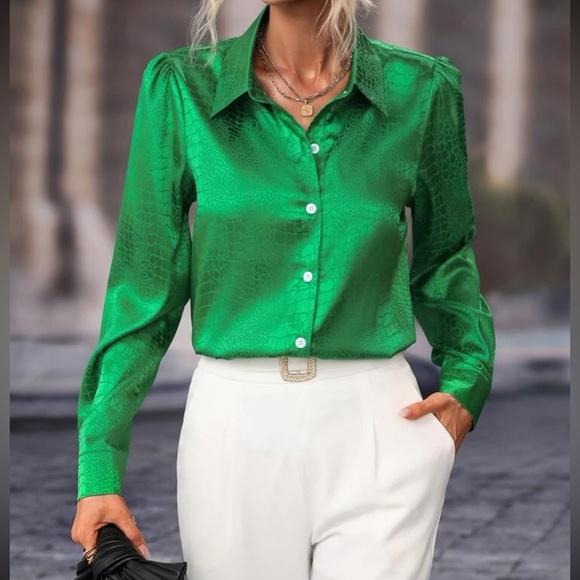 Luxe black jacquard button down business casual top - Picture 5 of 12